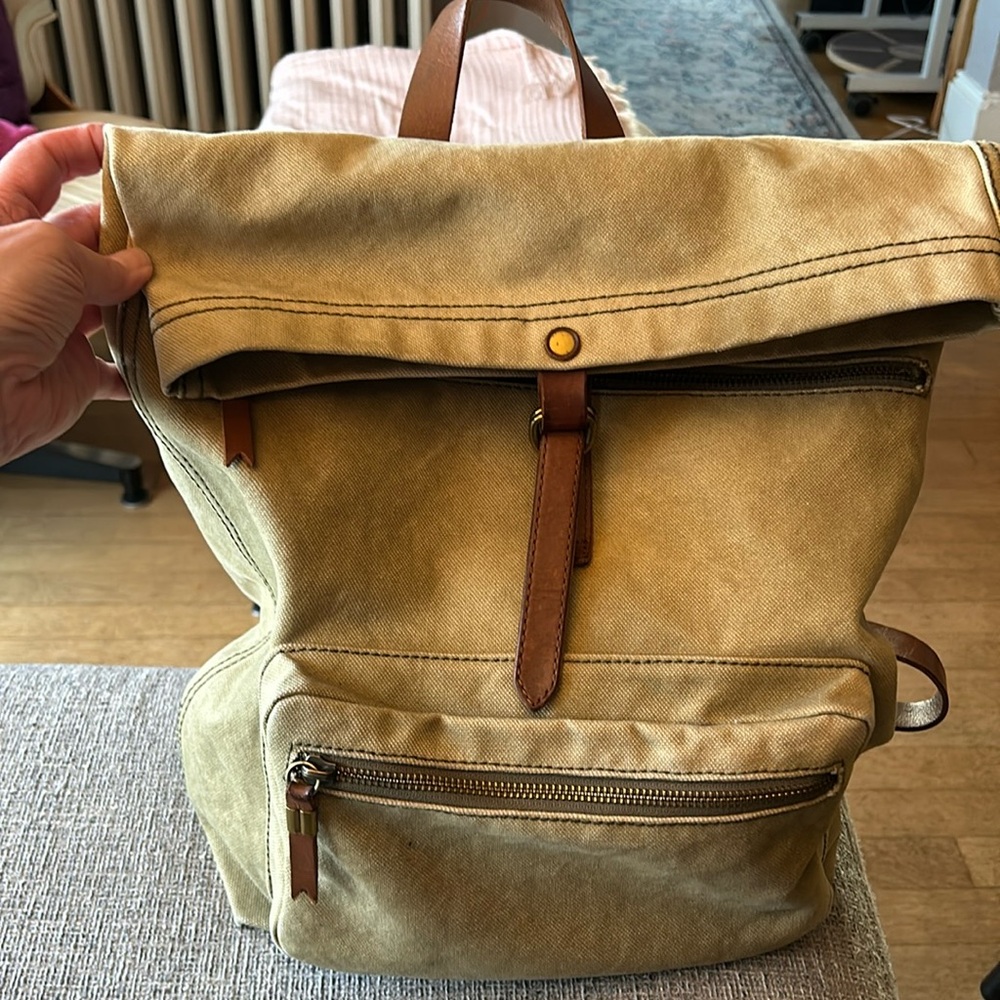 Madewell Khaki Canvas and Brown Leather Backpack Knapsack